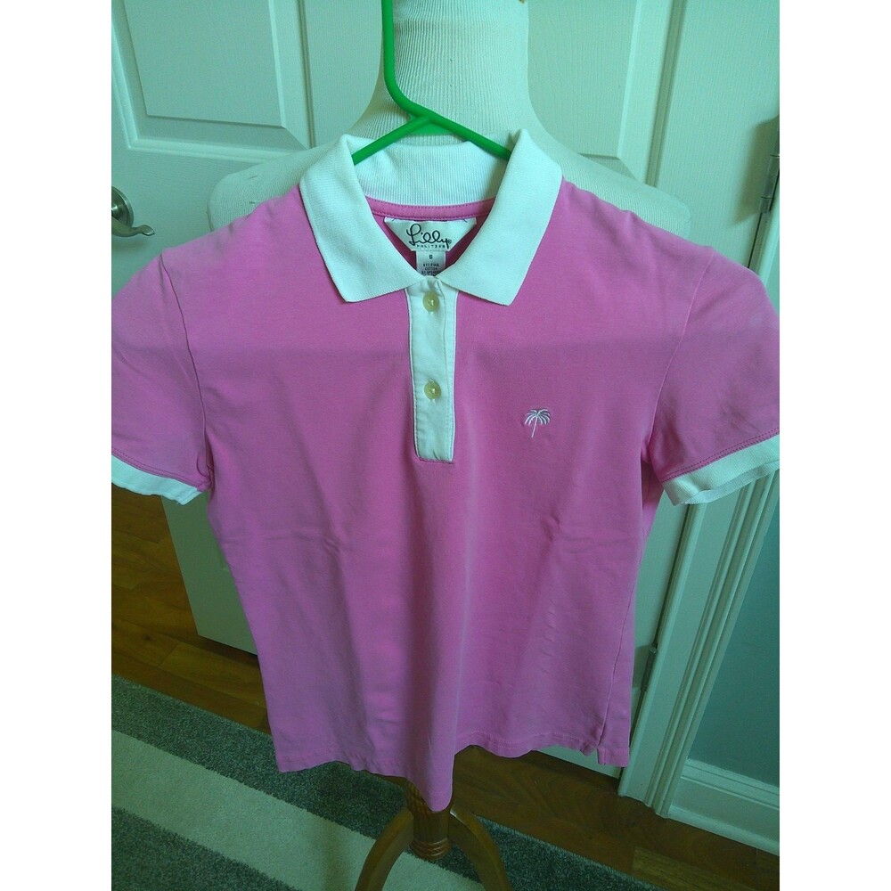 Lilly Pulitzer Pink Polo Palm Tree Logo White Collar, Cuffs & Placket Size Small